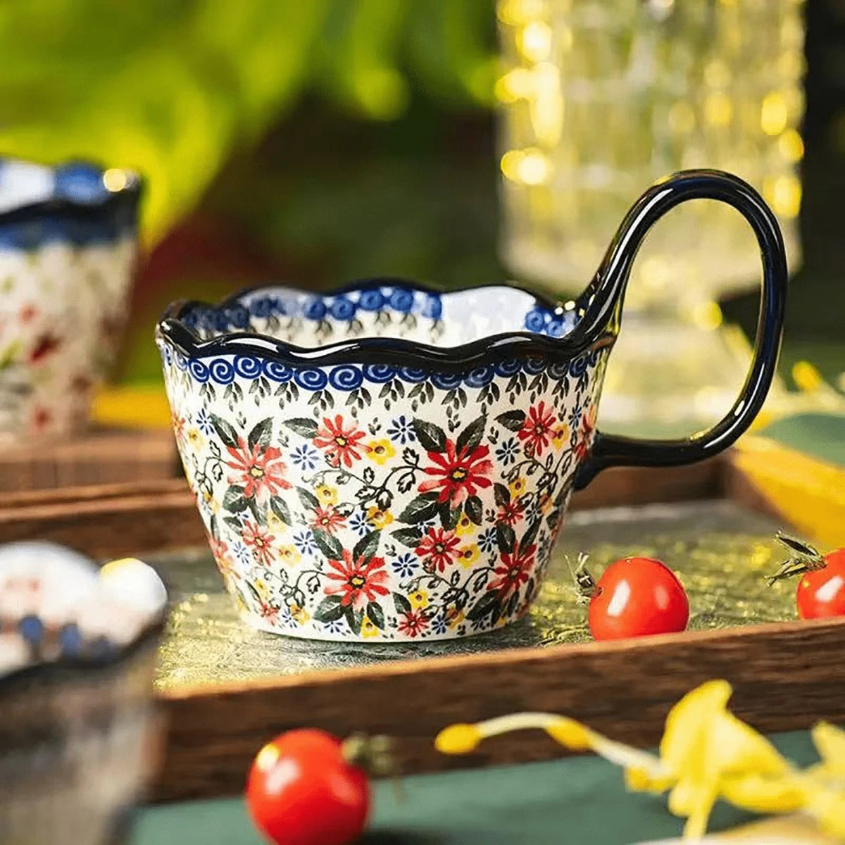 1pc, Bohemian Style Ceramic Cup, with Handle for Easy Removal, Coffee Cup, Afternoon Tea Cup, Breakfast Cup, Milk Cup