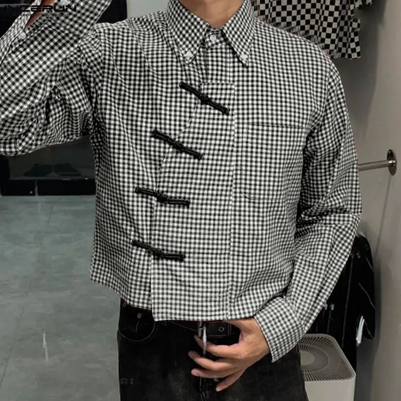INCERUN Men Plaid Shirt Lapel Long Sleeve Patchwork Loose Men Clothing Streetwear 2026 Spring Fashion Casual Tops Male Shirts