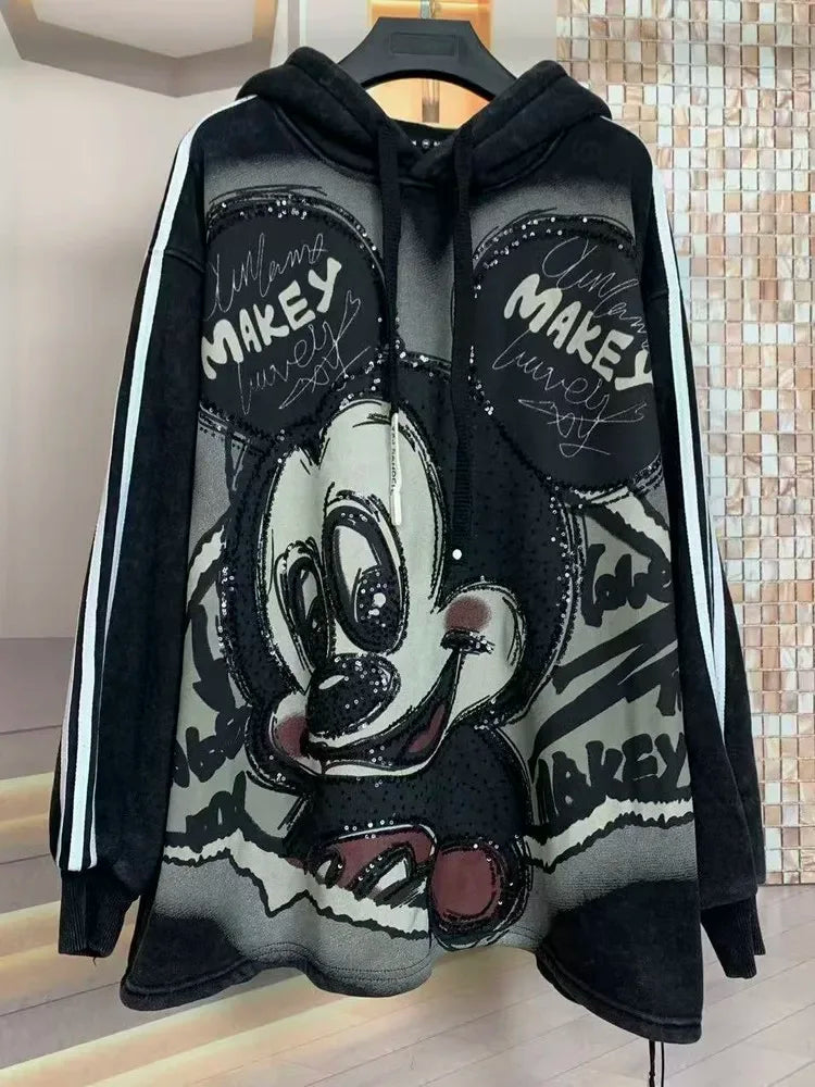 European and American new fashion heavy industry embroidery cartoon print loose hooded sweatshirt T-shirt for both men and women