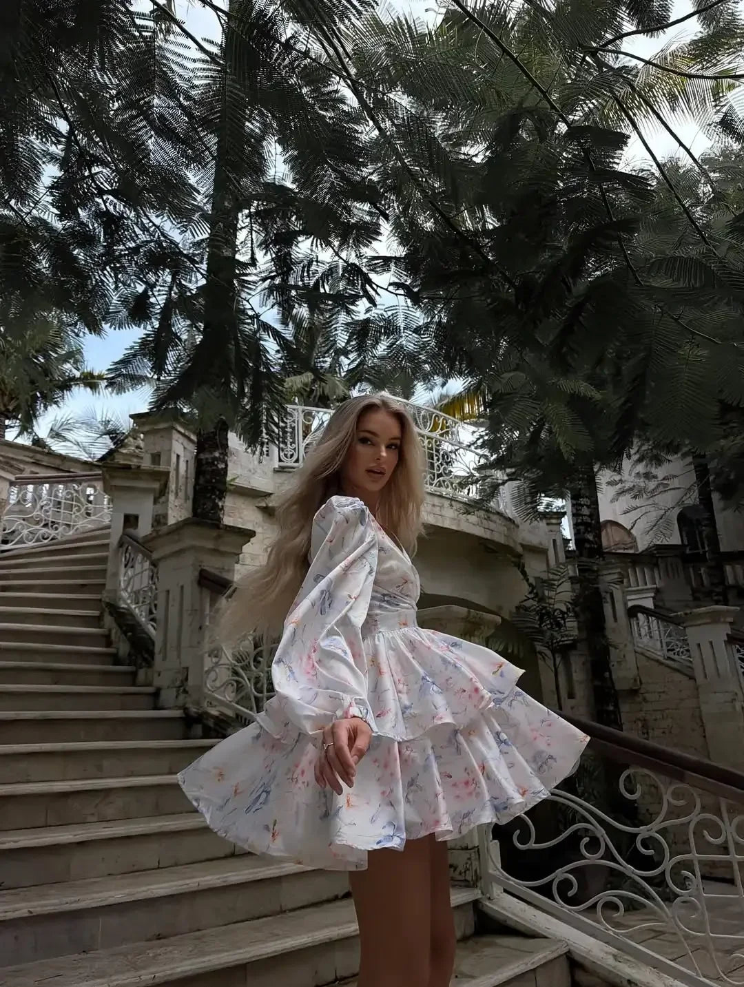 Floral Print Long Sleeve Women's Dress V Neck Puff Long Sleeve Wrap Waist Tiered Ruffle Mini Dresses Wedding Party Summer Robes
