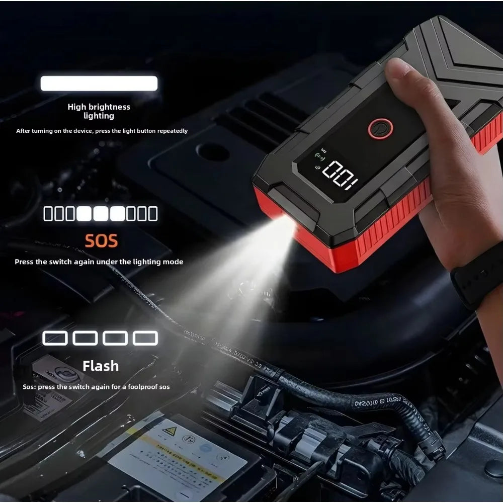 Portable Car Jump Starter with Digital Tire Inflator, Compatible with 12V Cars, Trucks, SUVs, RVs and Motorcycles. This Multi-Functional Jump Box Comes with an LED Display and 3-Mode Strobe Light.