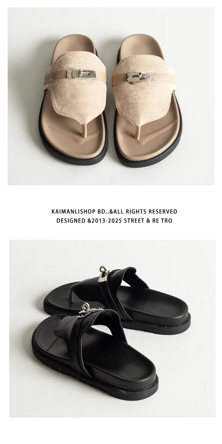 British Style Thick Bottom Slip-On Sandals Women Summer Foot-Strap Leather Half Slippers Beach Flat Heel Casual Shoes