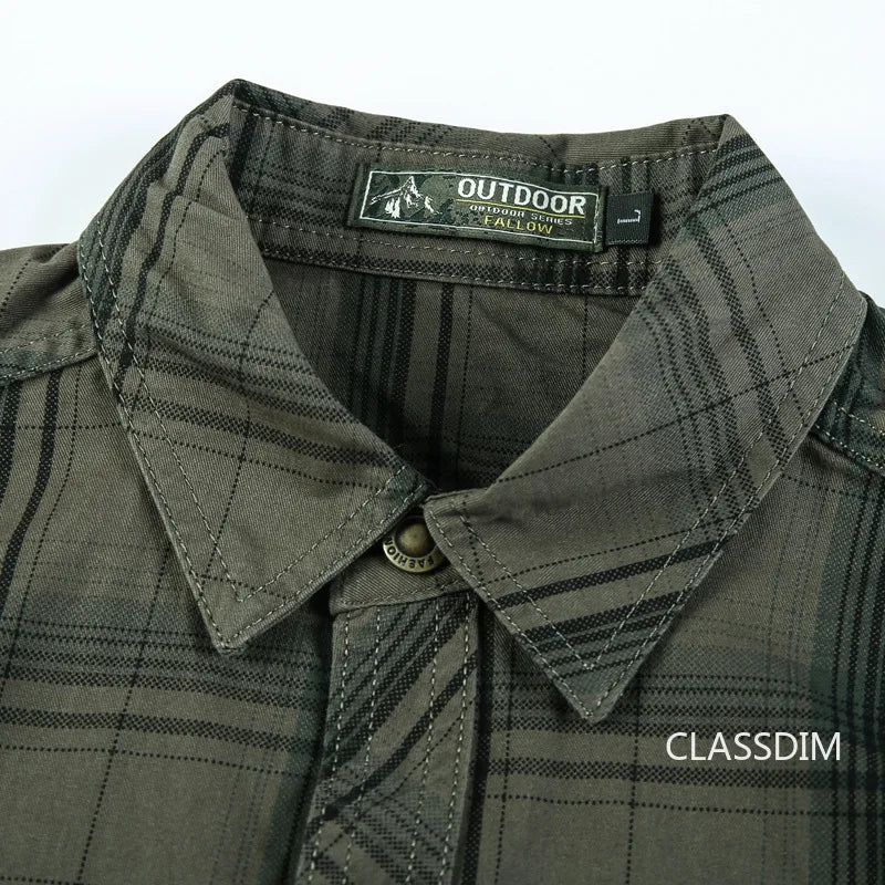 Men Plaid Casual Shirts Male Military Outdoor Loose Multi-pockets Tooling Shirts High Quality Man Large Long-sleeved Shirts 5XL