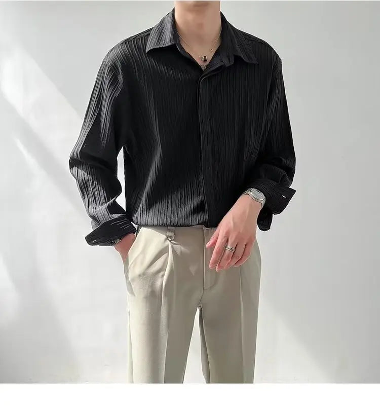 Black Apricot White Long-sleeved Shirt Men Fashion Social Mens Dress Shirt Korean Loose Casual Pleated Shirts Mens Formal Shirt