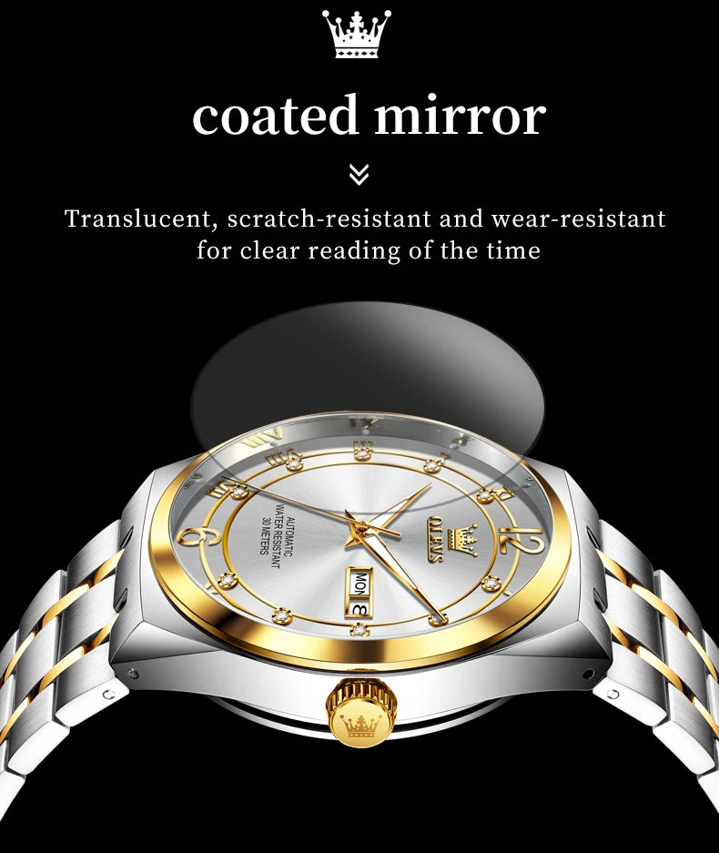 OLEVS 7068 Mens Watch Original Automatic Menchanical Wristwatch Waterproof Luminous For Men Sport Date Dual Calendar Design