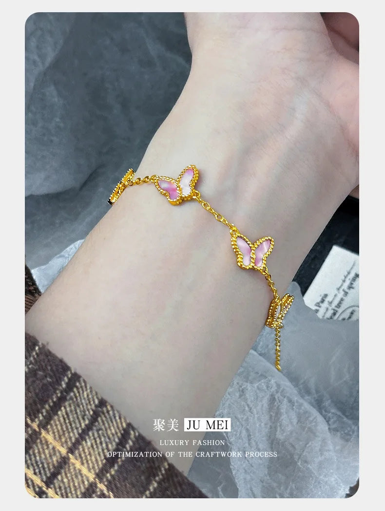 Light luxury high-end five butterfly bracelets 9999 24K real gold versatile ins style mother-shell pink women's bracelets