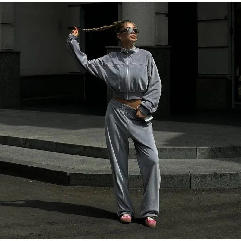 Women's Casual Solid Color Two-piece Short Stand-up Collar Jacket Wide-leg Pants 2026 Street Style Women's Clothing Set