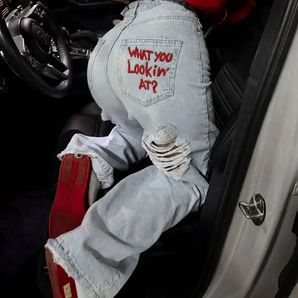 Y2k Two Hollow Out Star Ripped Jeans Women Casual 2026 Hot Sell Denim Pants American Streetwear Wide Leg High Waist Baggy Jeans