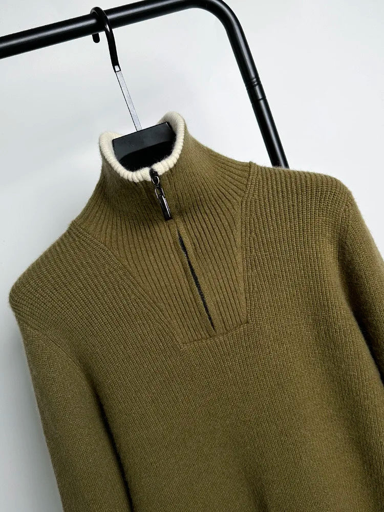 Autumn and Winter Men's Half High Neck Zipper Knitted Sweater Korean Version FashionCasualSolidColor Pullover Thickened and Warm