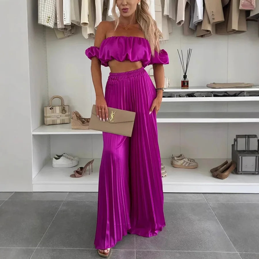 2026 Summer Women Sets Sexy Off-shoulder Sleeveless Short Tops+ Wide Leg Pants 2 Piece Sets Fashion Party Casual Trousers Outfit