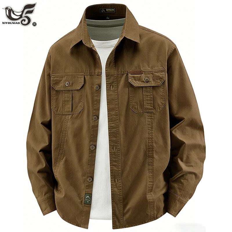 Business Military Shirts Men Tactics Long Sleeve Spring Autumn 100% Cotton Vintage Multi-pocket Cargo Shirts Menswear Clothing