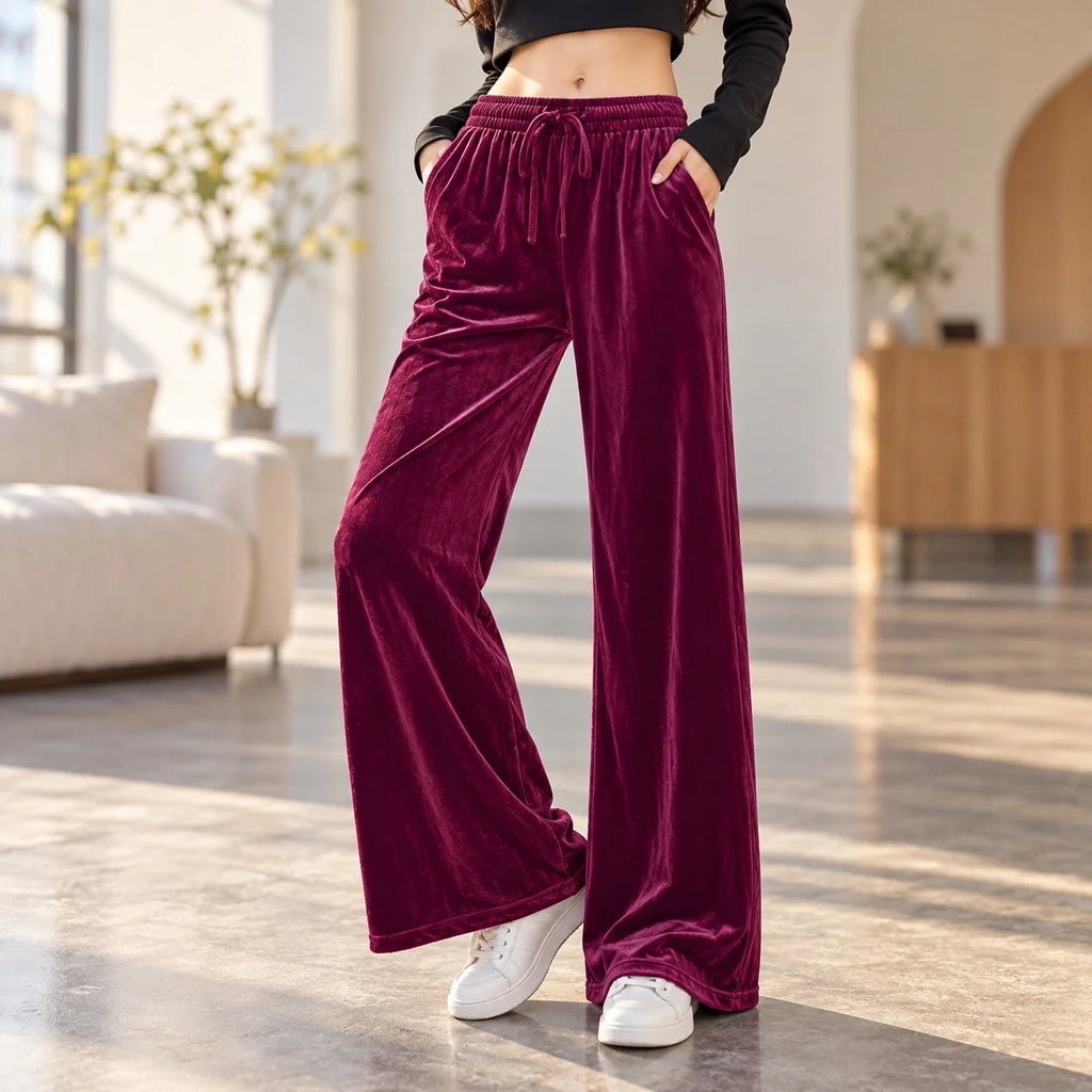 Casual Wide Leg Pants Loose Fit Japanese Korean Casual with Elegant Full Length Regular Thickness Flocked Autumn Women Pants