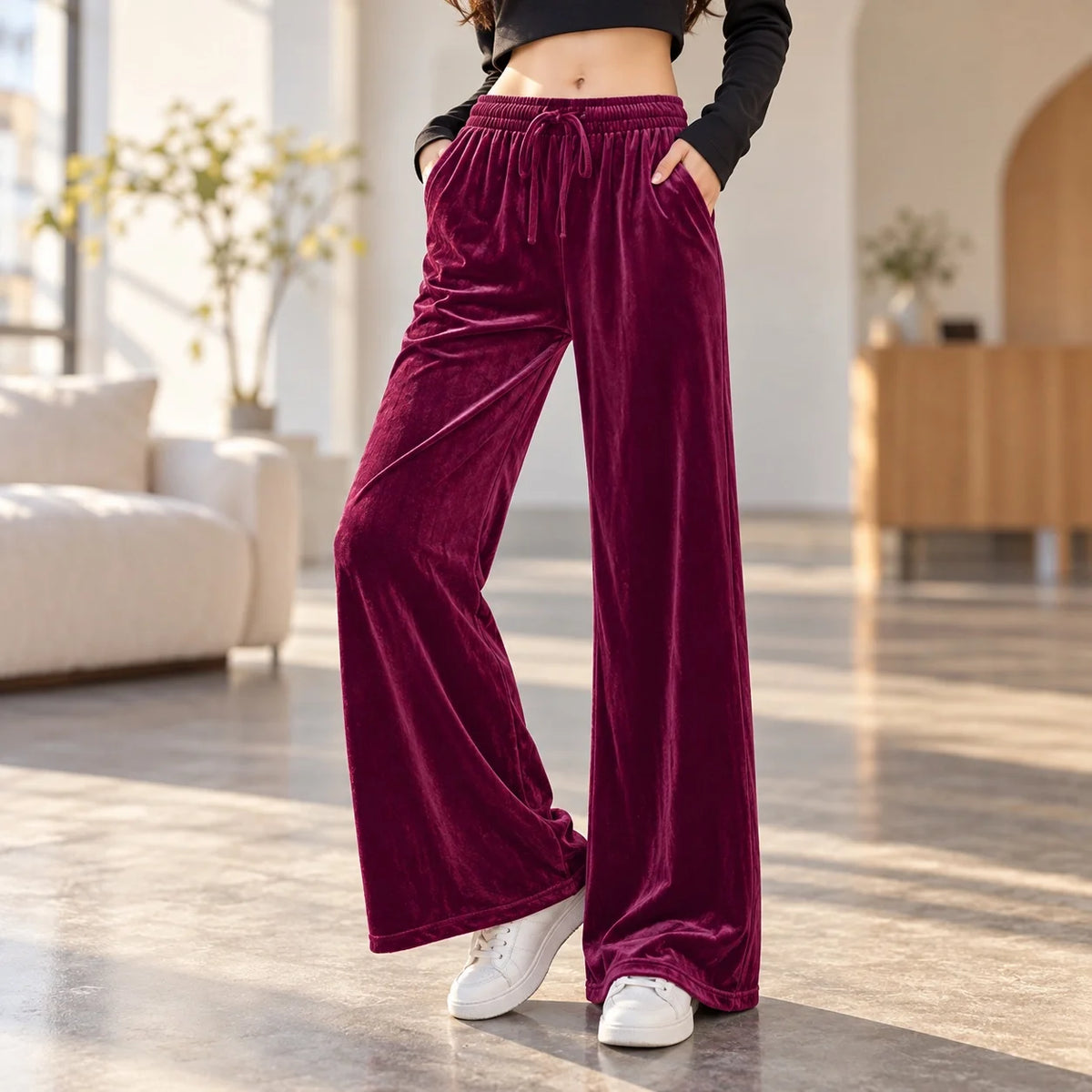 Casual Wide Leg Pants Loose Fit Japanese Korean Casual with Elegant Full Length Regular Thickness Flocked Autumn Women Pants