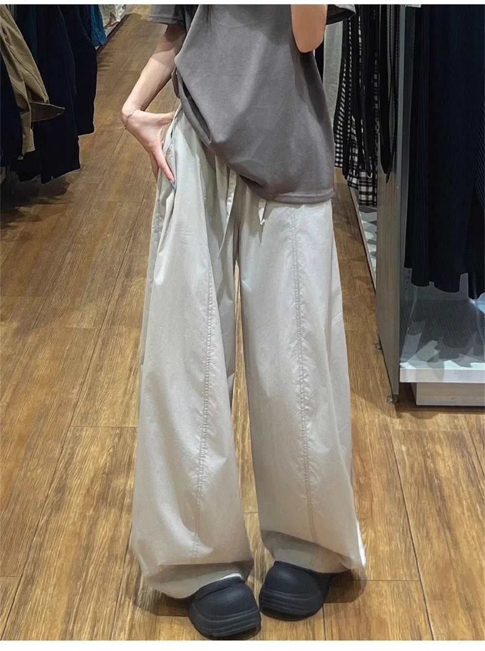 Summer Women Wide Leg Pants Elastic High Waisted Loose Casual Trousers Pockets Drawstring Gray Comfortable All-Match Streetwear