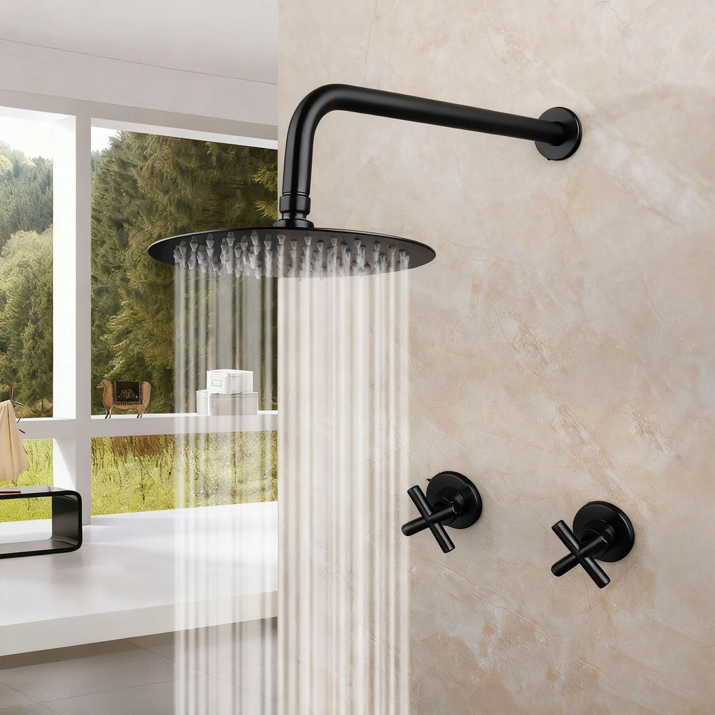 JIENI 8 Inch Brushed Gold Rainfall Shower Faucet Sets Wall Mounted Bathroom Round & Square Head 2 Handles Control Mixer Shower