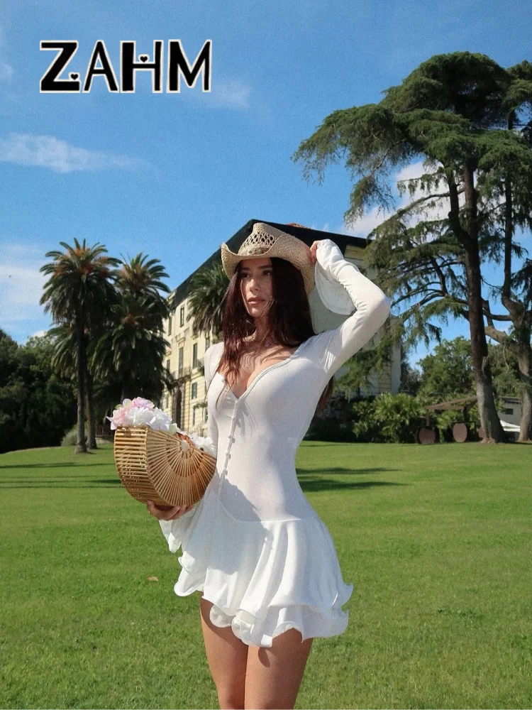 Chic Ruffle Hem Women's Dress V-Neck Long Sleeve Waist-Closed Buttons Solid Lady Mini Dresses 2026 Summer Fashion Female Robe