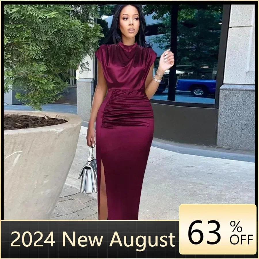 Customized Customized European and American Women's New Colored Satin Zipper Split High Grade Dress Long Floor Length Dress