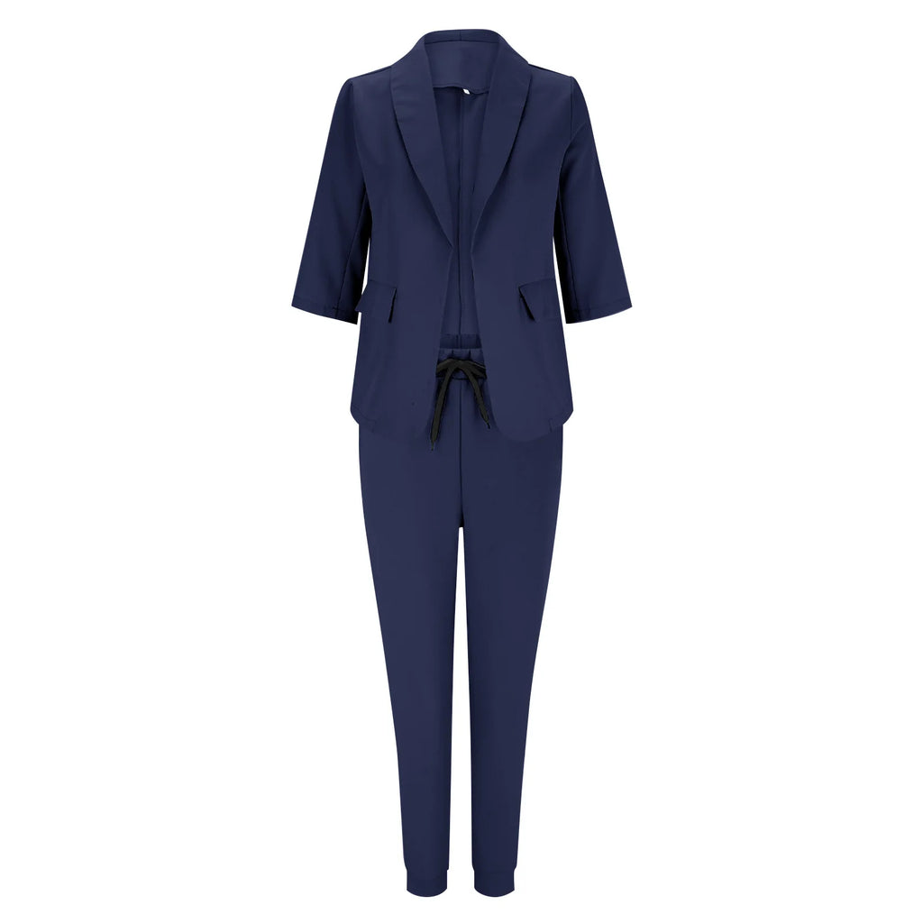 2024 Women's Two Piece Pant Suit Set Outfits Spring Autumn Turn Down Print Blazer Coat Drawstring Pants Suit Women Casual Sets