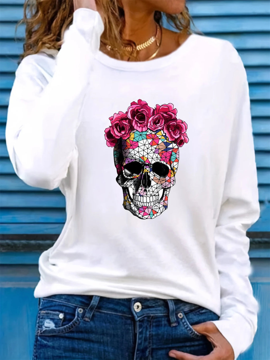 100% pure cotton women's spring and autumn loose casual skull and rose graphic printed long sleeved round neck T-shirt