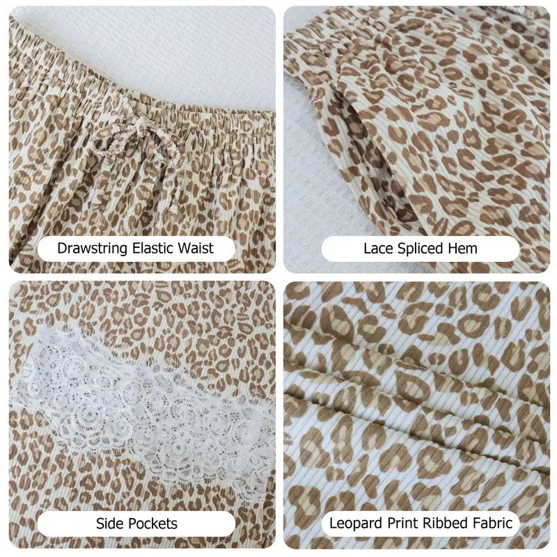 Women Leopard Print Wide Leg Pants Elastic Waist Drawstring Lace Trim Hem Loose Casual Autumn Fashion New Trousers