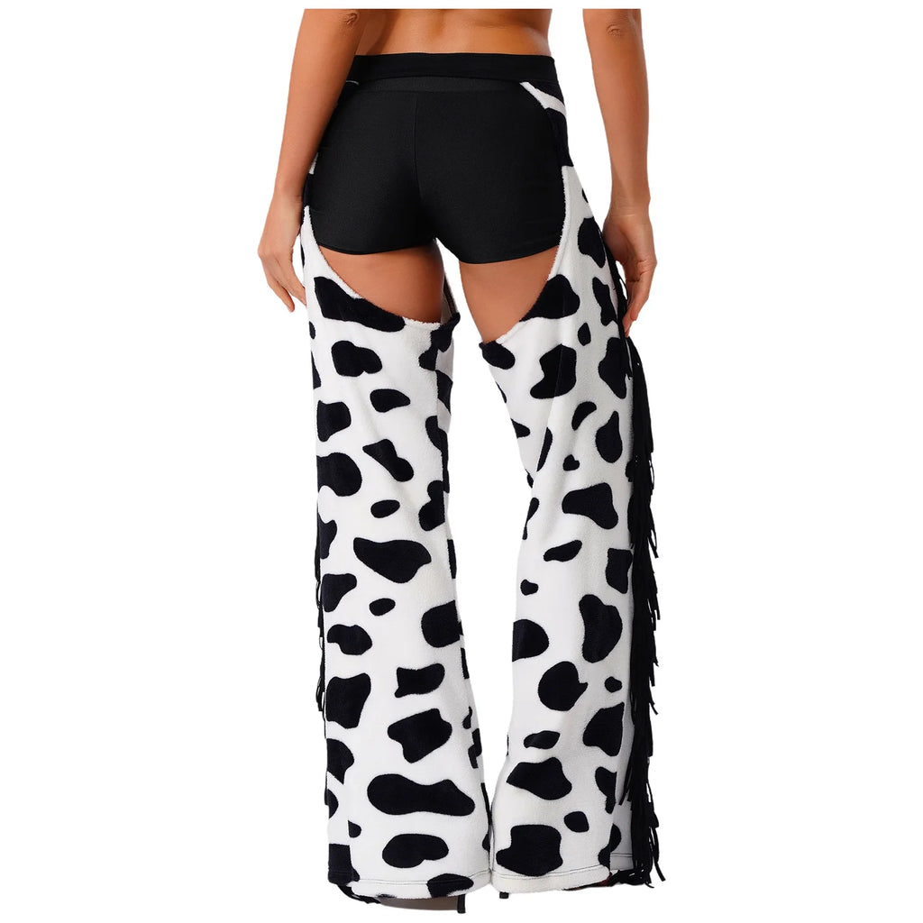 Womens Cow Spot Pattern Flannel Long Pants Adjustable Waist Open Crotch Biking Riding Cowgirl Chaps Halloween Cospaly Costume