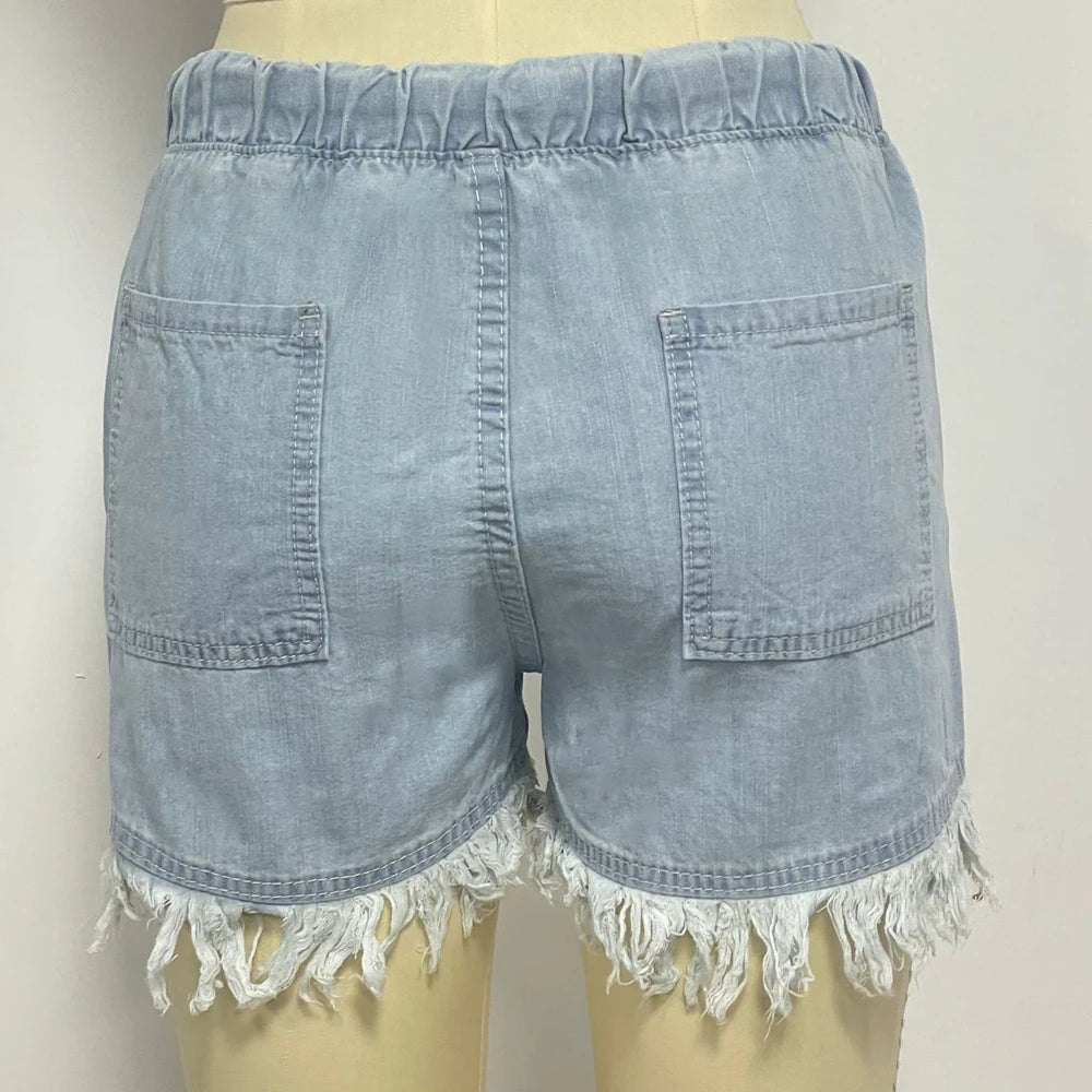 Women’s Denim Shorts Drawstring Elastic Waist Frayed Hem Short Pants Summer Casual Vintage Hottie Girls Loose Jeans with Pockets