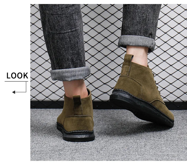 High Top Casual Grey Suede Shoes Men's Lace Up Black Flat Bottom Short Boots Men's Chelsea Boots High-quality Brand Denim Boots