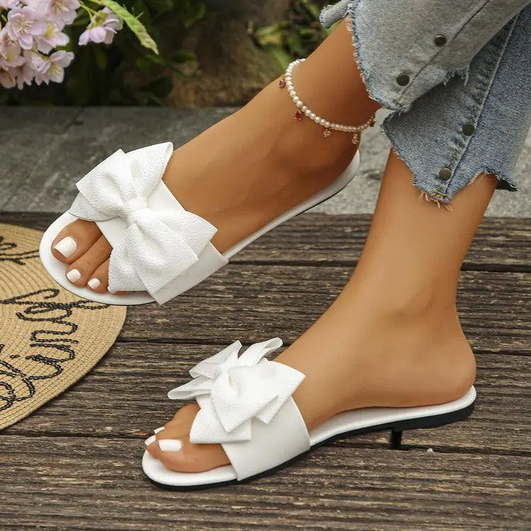 Womens Slip on Flat Sandals Big Bowknot Wide Strap Slides Mules Open Toe Casual Sweet Summer Beach Comfort Daily Walking Shoes