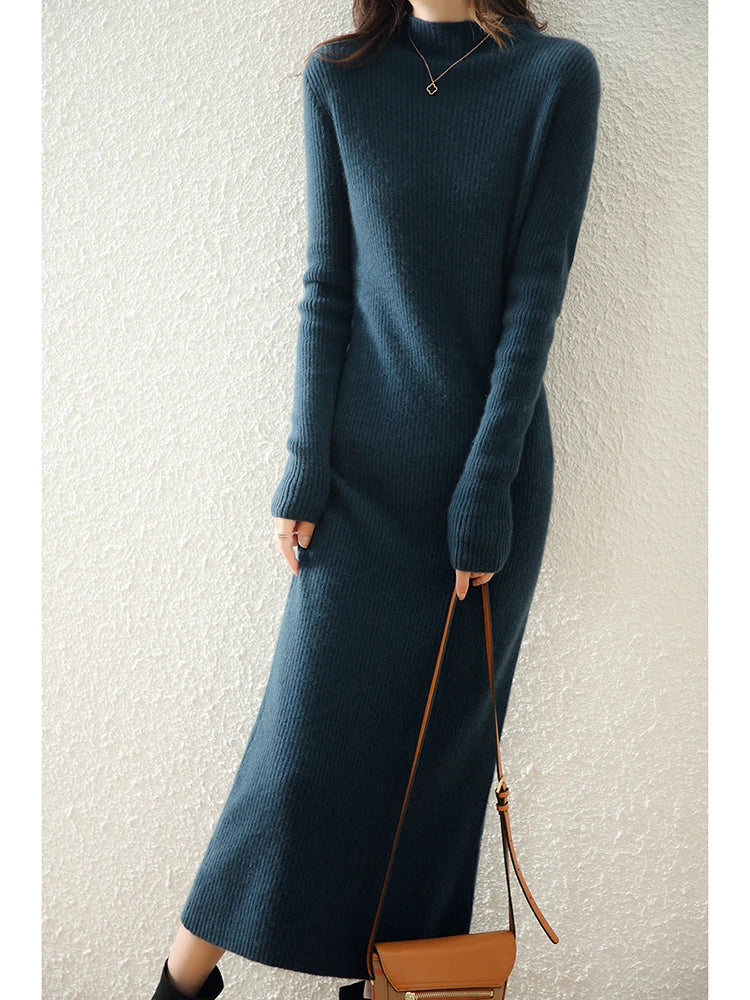 Autumn and winter semi high neck drawstring high elasticity slim fit 100% wool pullover dress, mid length over knee cashmere