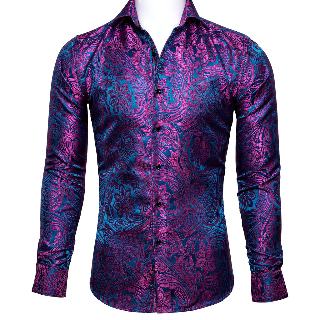 Barry.Wang Luxury Silk Mens Shirts Jacquard Floral Long Sleeve Formal Casual Breathable Male Blouses Wedding Business Prom Gift