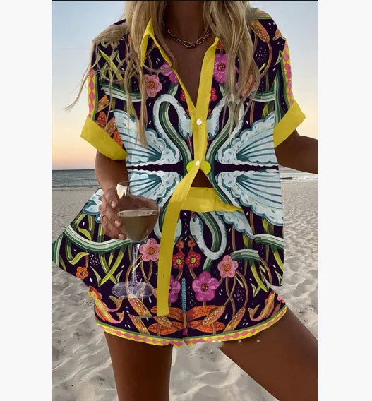 2025 New Summer Vacation Shorts Set 3D Printed Seaside Tropical Casual Lapel Shirt Blouse Top Shorts 2-Piece Suits Beach Holiday