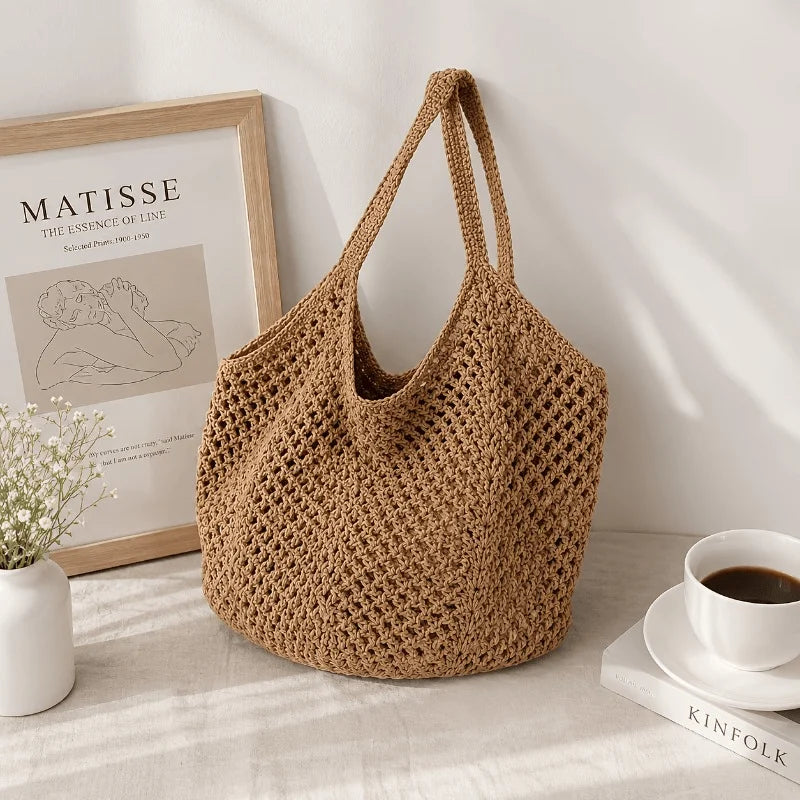 Women Large‑Capacity Woven Tote Bag, Light Breathable Open‑Top Shoulder Handbag for Beach Travel Shopping Commute Daily Use