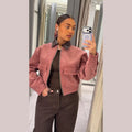 Women Dusty Faux Suede Bomber Jacket Stand Collar Zip Up Loose Drop Shoulder Elastic Hem Casual Fall Outerwear 2026 Fashion Coat