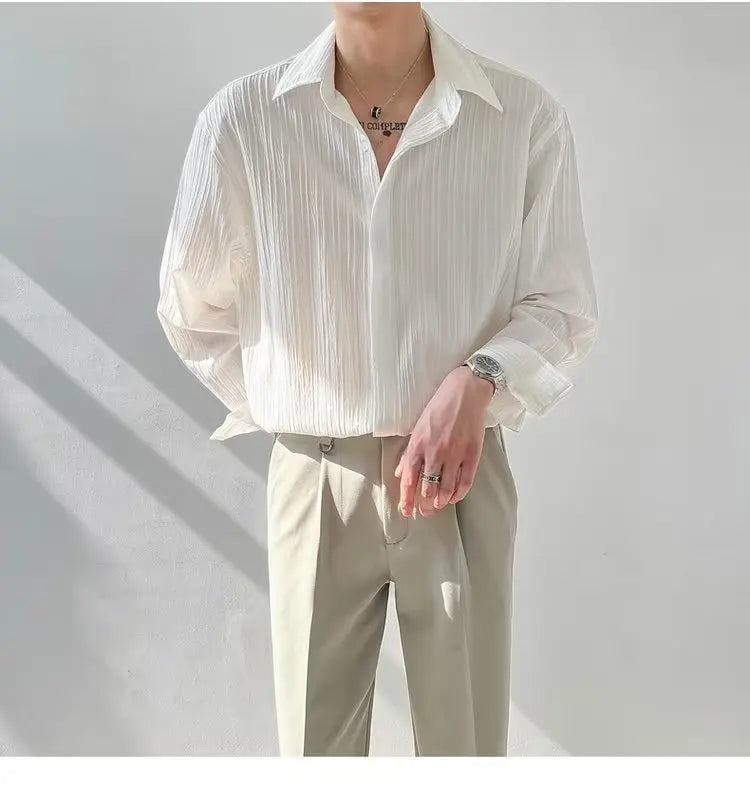 Black Apricot White Long-sleeved Shirt Men Fashion Social Mens Dress Shirt Korean Loose Casual Pleated Shirts Mens Formal Shirt