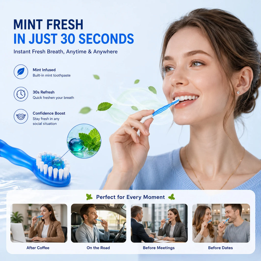 5-in-1 Disposable Travel Toothbrush 12Pcs Mint,Individually Wrapped Soft Brush with Toothpaste Floss Pick Tongue Scraper