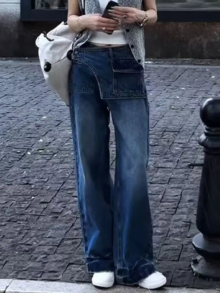 2026 Korean Style Fashion American Vintage Denim Pants Women High Waist Irregular Jeans Trouser Loose Wide Leg Trousers Retro