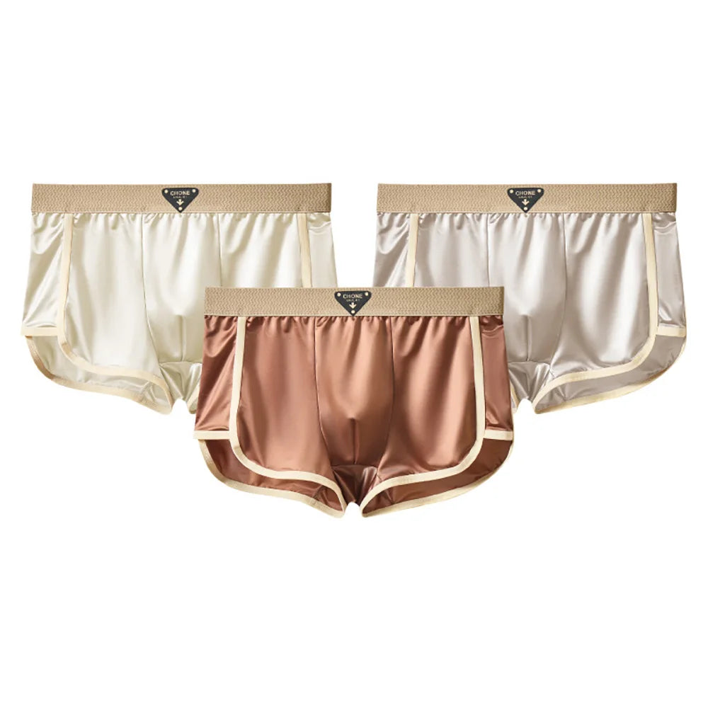 3PCS/Pack 10A Antibacterial Silk Mesh Crotch Men's Panties Luxury Satin-like Ice Silk Boxer Comfort Breathable Smooth Underpants