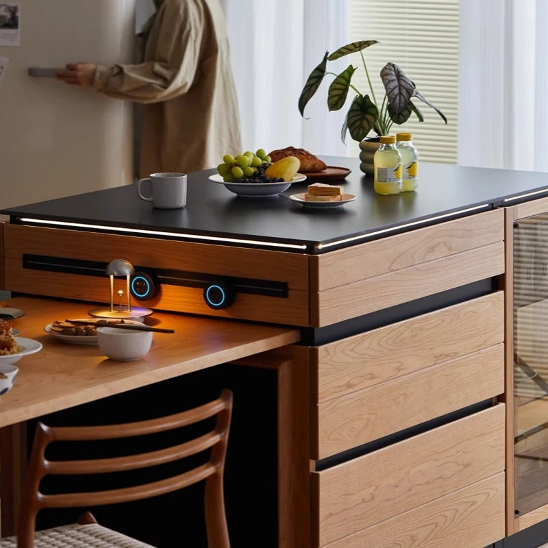 Solid wood island table retractable small apartment open integrated bar cabinet rock locker