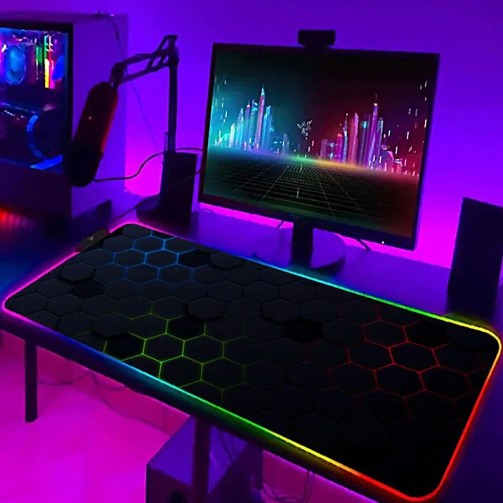 XXL RGB Gaming Mouse Pad 3D Geometric Desk Mat Game Accessories Large LED Light Rubber Anti-slip PC Computer Carpet with Backlit