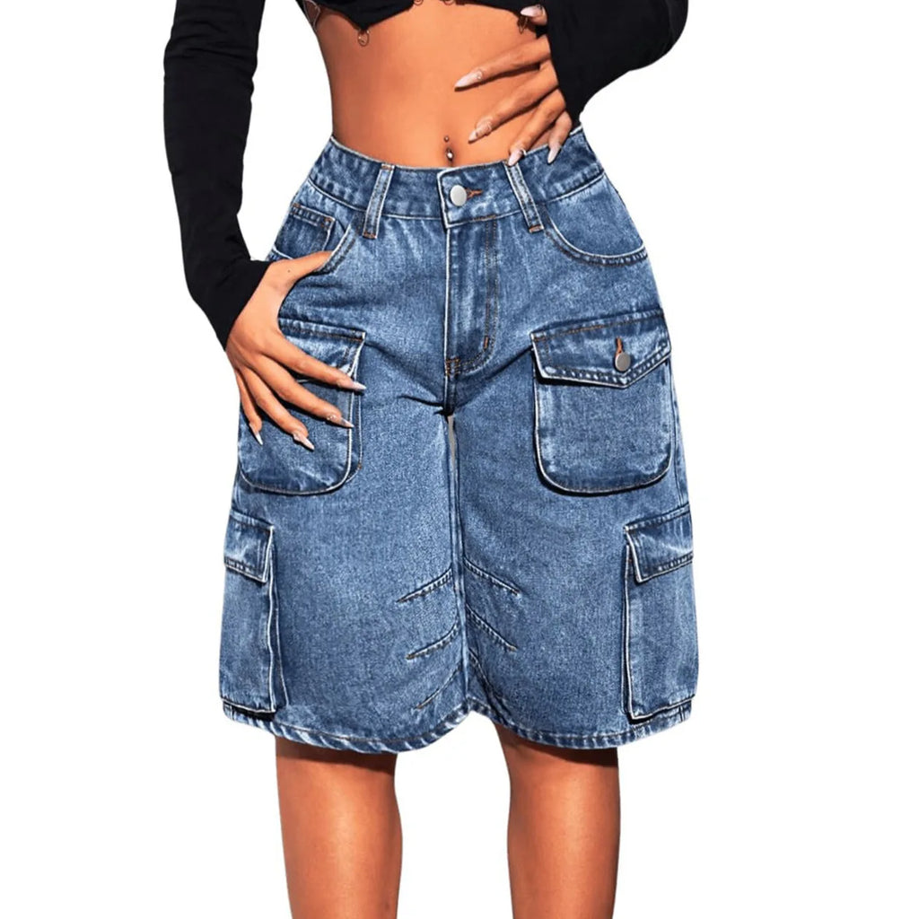 Shorts Women Knee Length Cargo Jeans Multiple Pockets High Waist Washed Distressed Streetwear 2025 Summer Denims Short Pants