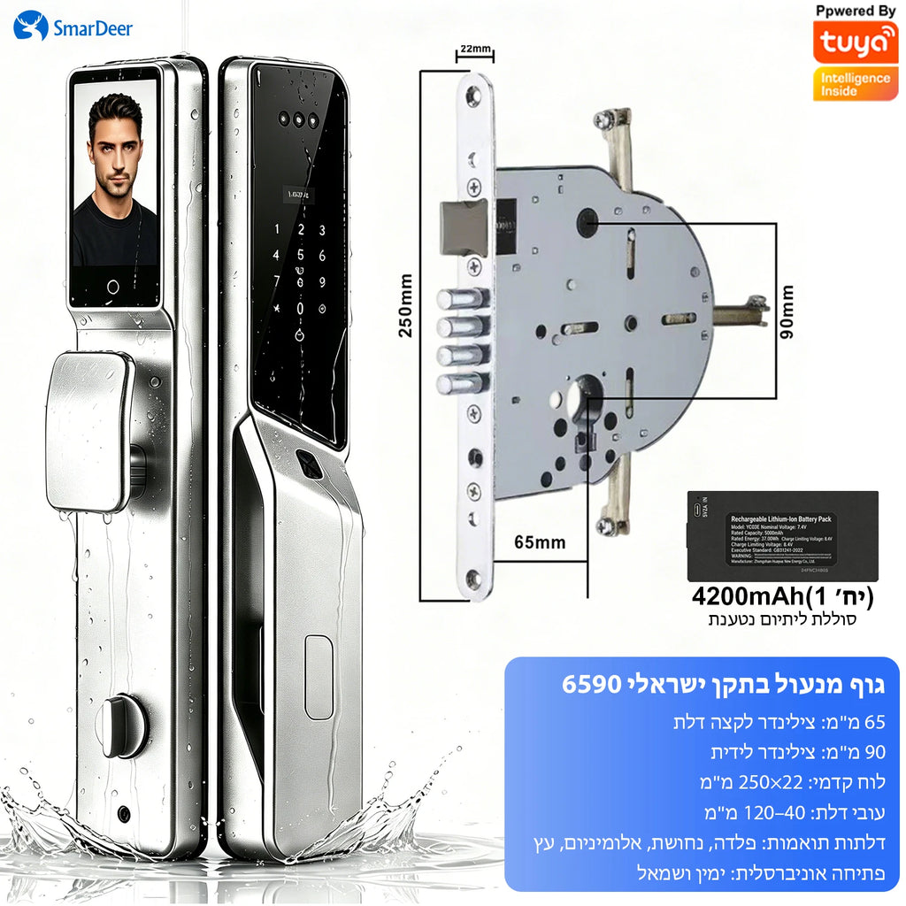 SmarDeer 6590 Israeli Standard Mortise Smart Lock, Tuya WiFi 3D Face Palm Vein Lock, IP66 Waterproof Hebrew Support