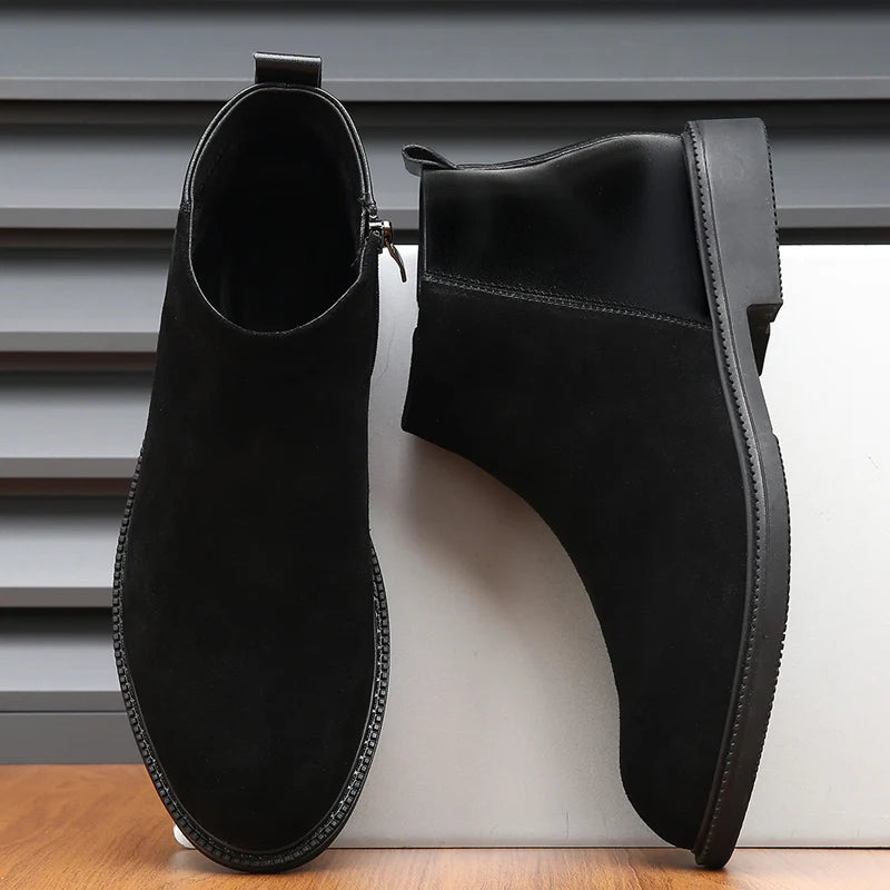 Classic Black Leather Pointed Chelsea Mid Top Boots Leather Shoes Fashionable Suede Leather Men's Autumn Comfortable Short Boots