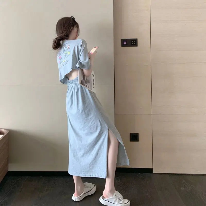Summer Backless Split Hem Midi Dress Round Neck Short Sleeve Printing Ladies Dresses Korean Fashion Women Clothing