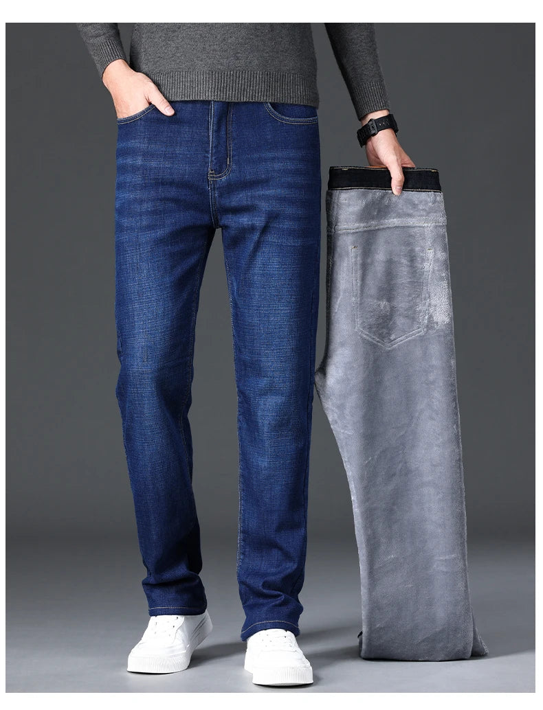 Men Winter Fleece Warm Jeans Brand 2024 Fashion Business Pants Retro Classic Denim Trousers Autumn Casual Stretch Slim Jeans Men