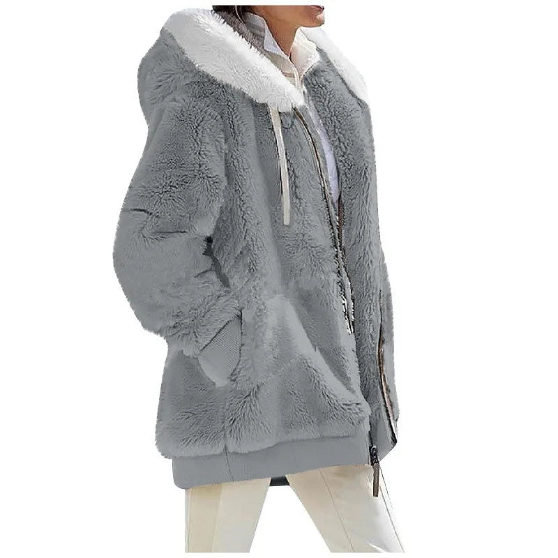 New Style Winter Fashion Women's Coat Casual Hooded Zipper Ladies Clothes Cashmere Women Fleece Jacket Solid Color Ladies Coats