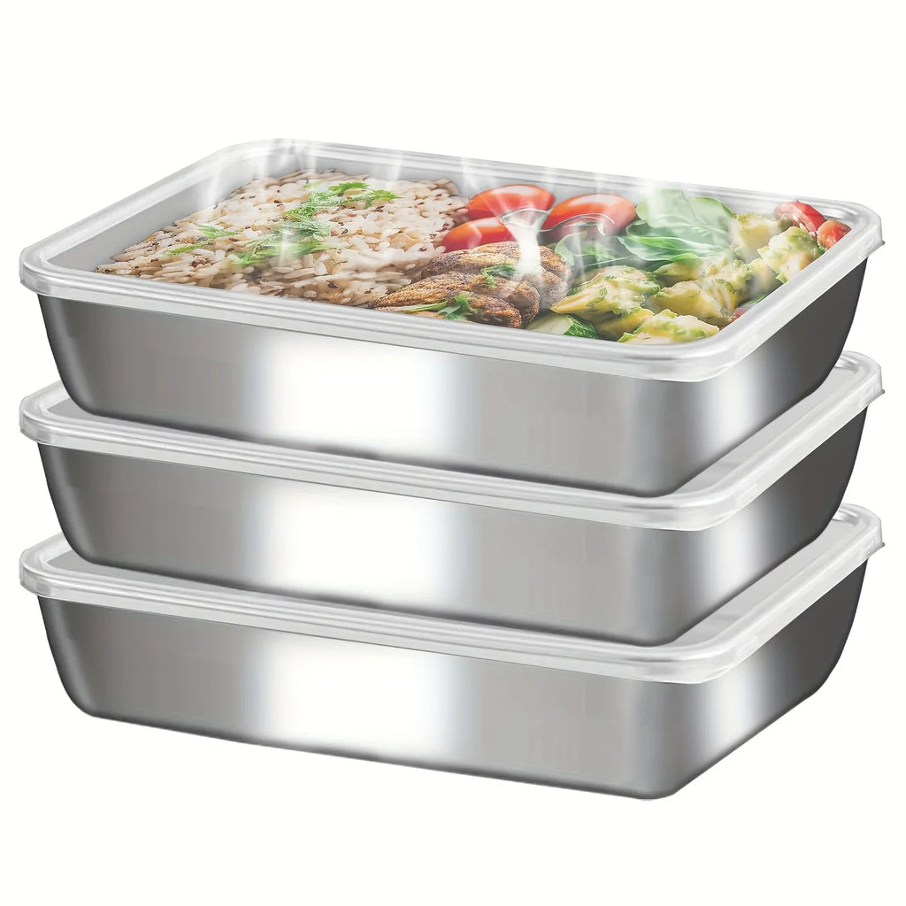 3pcs Stainless Steel Food Containers Leakproof Stackable Lunch Box with Clear Lids Kitchen Storage for Camping