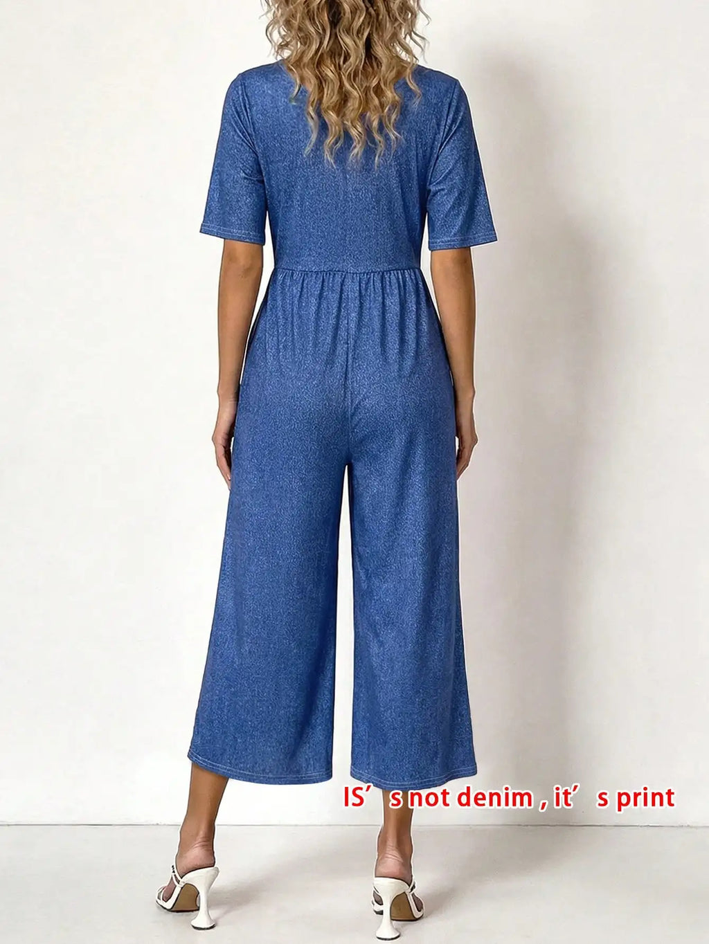 Women's summer new imitation denim printed casual commuting versatile jumpsuit，Casual Short Sleeve Wide Leg Cropped Romper