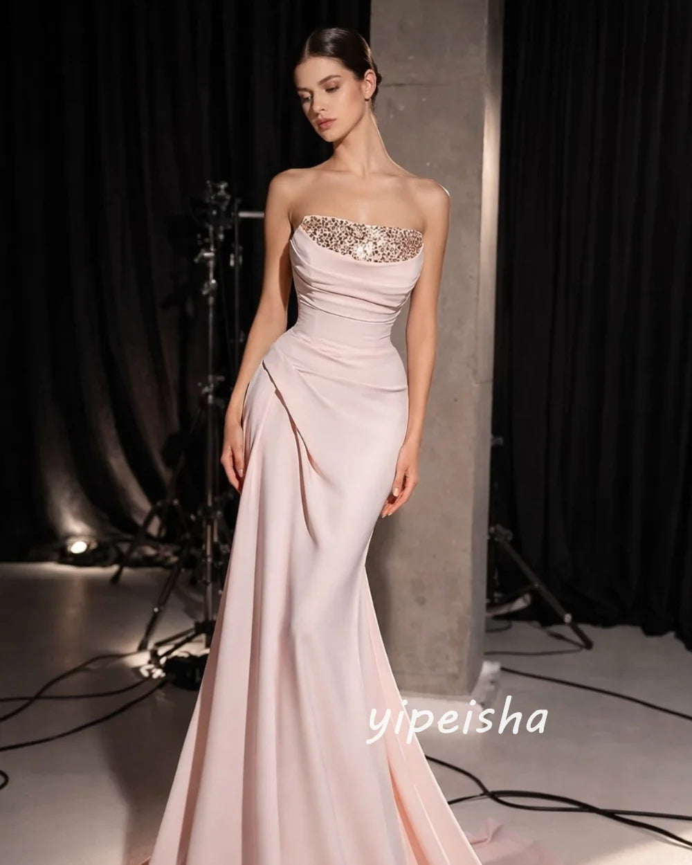 Customized Modest Sexy Jersey Pleat Draped Rhinestone Mermaid Strapless Floor-Length Evening Dresses Sizes Available