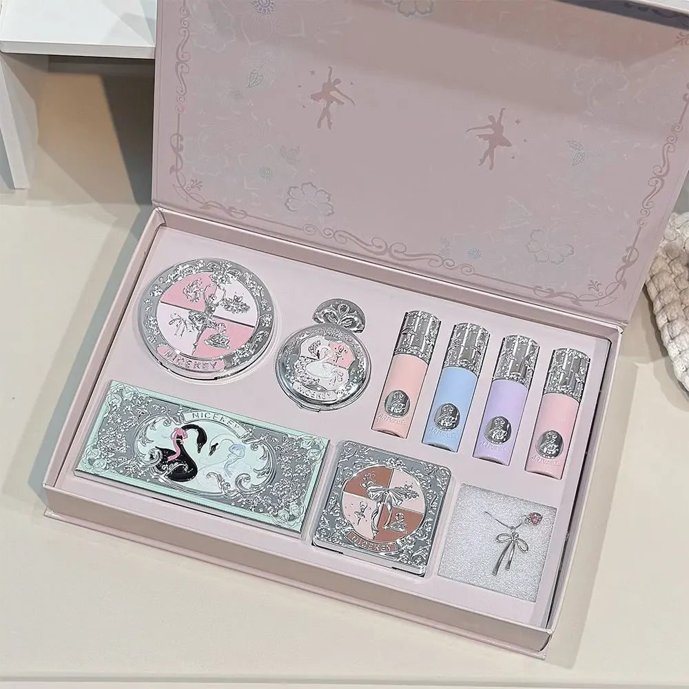NICEKEY Multipurpose Makeup Sets Include 4 Lip Mud,1 Blush,1 Pressed Powder,1 Eyes Palette,1 Contour Palette With Necklace Gift