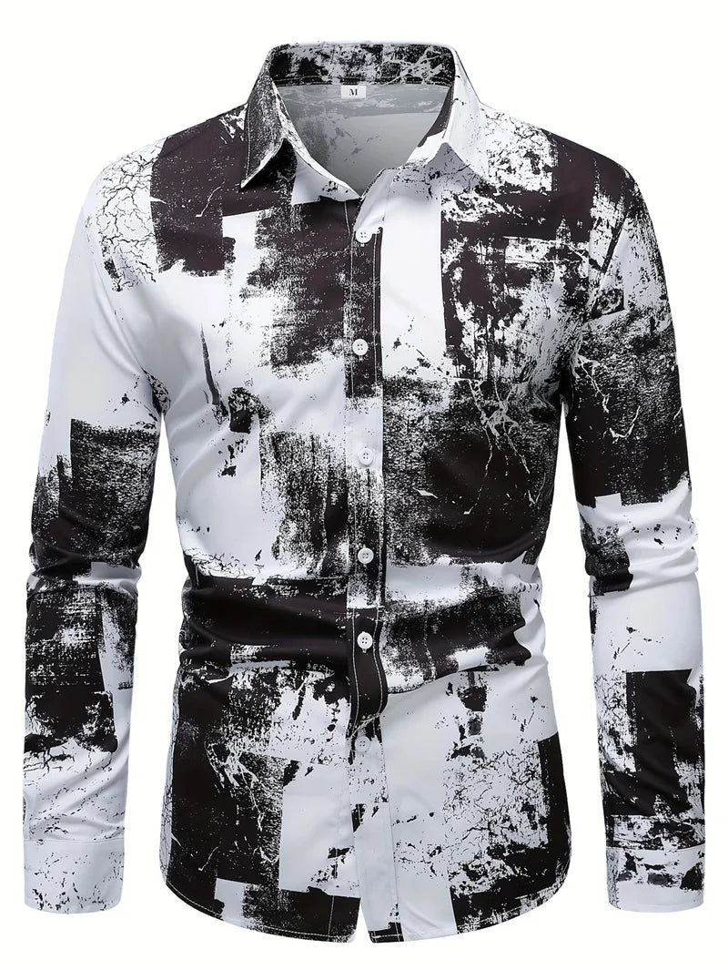2025 men's printed casual shirt with breathable long sleeves and lead buttons suitable for spring and autumn
